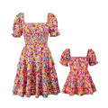 PopReal Mommy and Me Dresses Floral Printed Chiffon Bowknot Ruffles Short Sleeve Beach Mom Daughter Matching Outfits Colourful