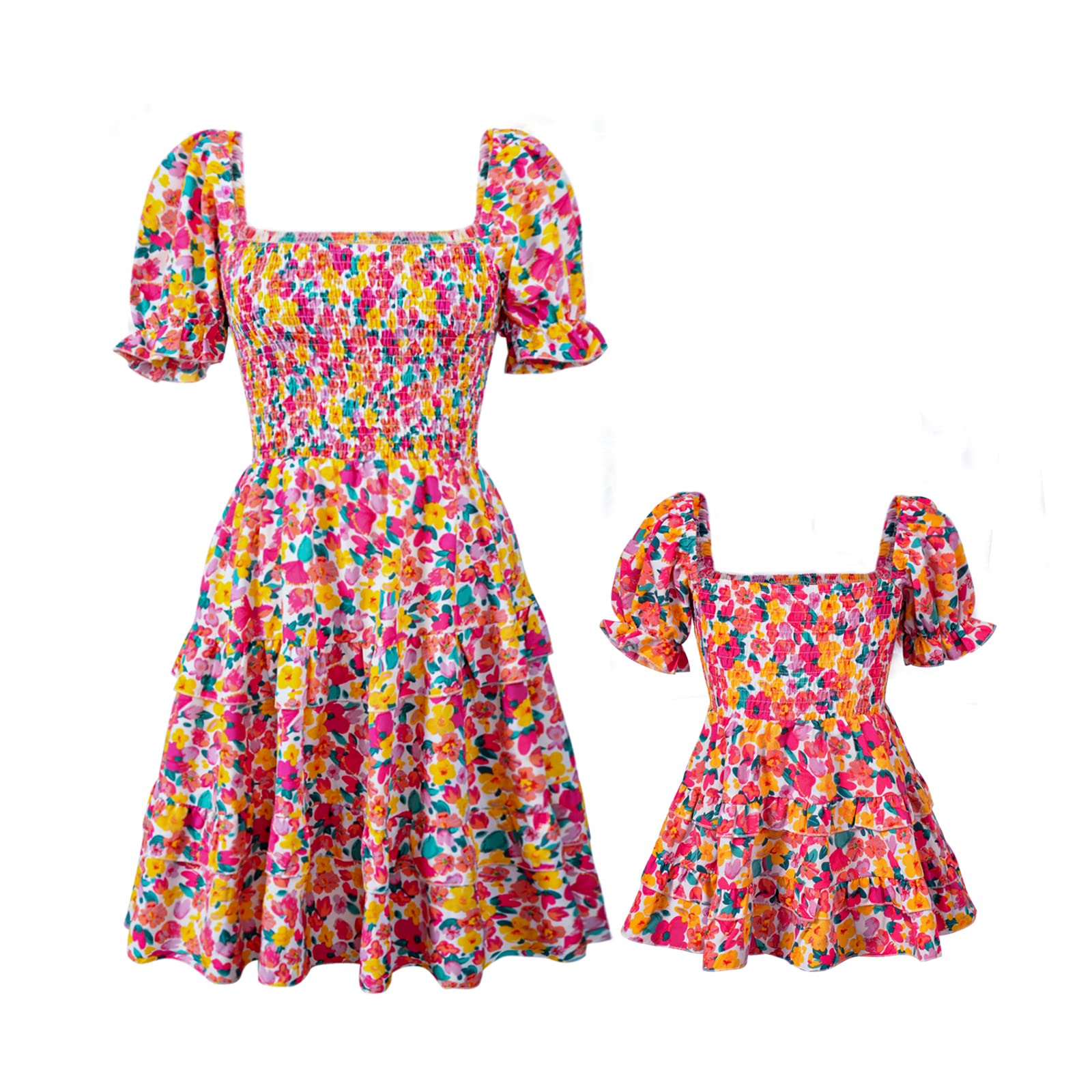 PopReal Mommy and Me Dresses Floral Printed Chiffon Bowknot Ruffles Short Sleeve Beach Mom Daughter Matching Outfits Colourful