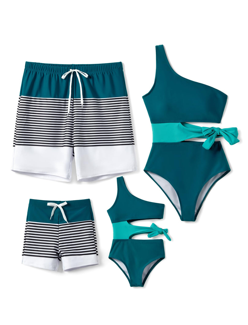 PATPAT Family Matching Swimsuits Mommy and Me Bathing Suits One Piece Swimwear Sets Colorblock Striped Swim Trunks Turquoise Green Toddler Boy 4-5 Years